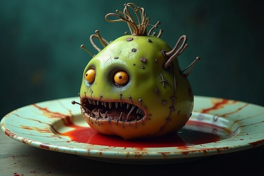 3D Illustration of a Voodoo Avocado Full of Stitches on a Plate of Red Liquid