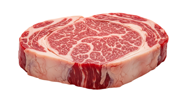 Closeup of a raw ribeye beef steak with marbling isolated on transparent background, showcasing its fresh, tender, and delicious qualities for grilling and cooking
