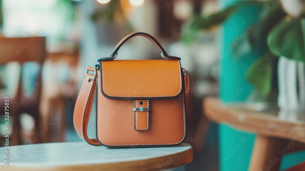 Poster an elegant leather handbag with strap is displayed in a soft setting