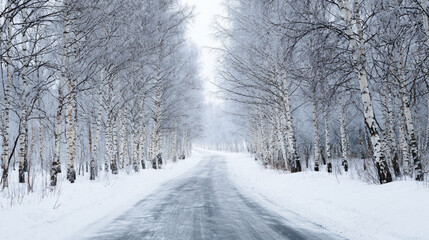 Obraz premium Serene winter birch forest with icy curving road and snow-covered landscape under overcast sky