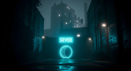 Naklejka premium Urban Nightscape Sewer Entrance Glows With Cyberpunk Style Futuristic Light