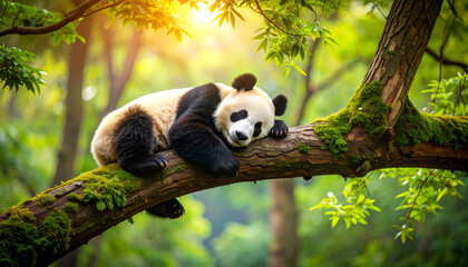 Obraz premium Adorable Panda Asleep in a Tree