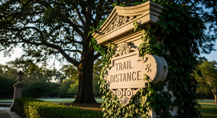 Trail Distance Marker Amidst Nature's Embrace In a Serene Outdoor Setting