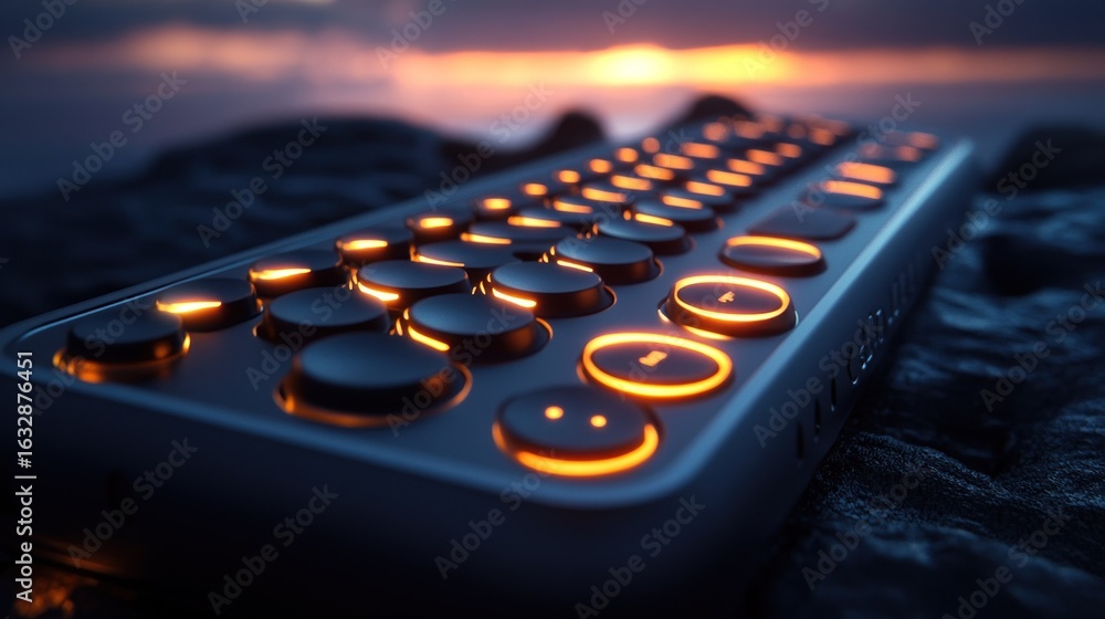 Poster illuminated buttons and device displayed against blurry sunset background