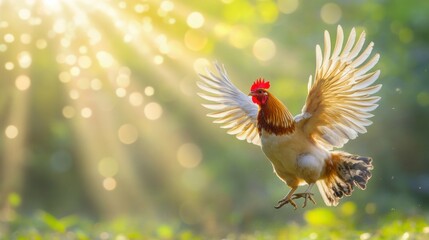 Obraz premium A beautiful rooster with its wings spread in bright sunlight