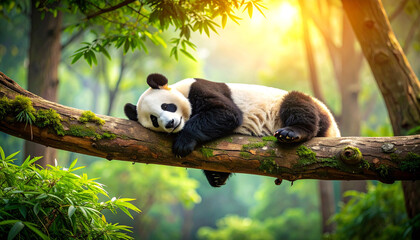 Obraz premium Tranquil Forest Scene with Resting Panda on Thick Branch