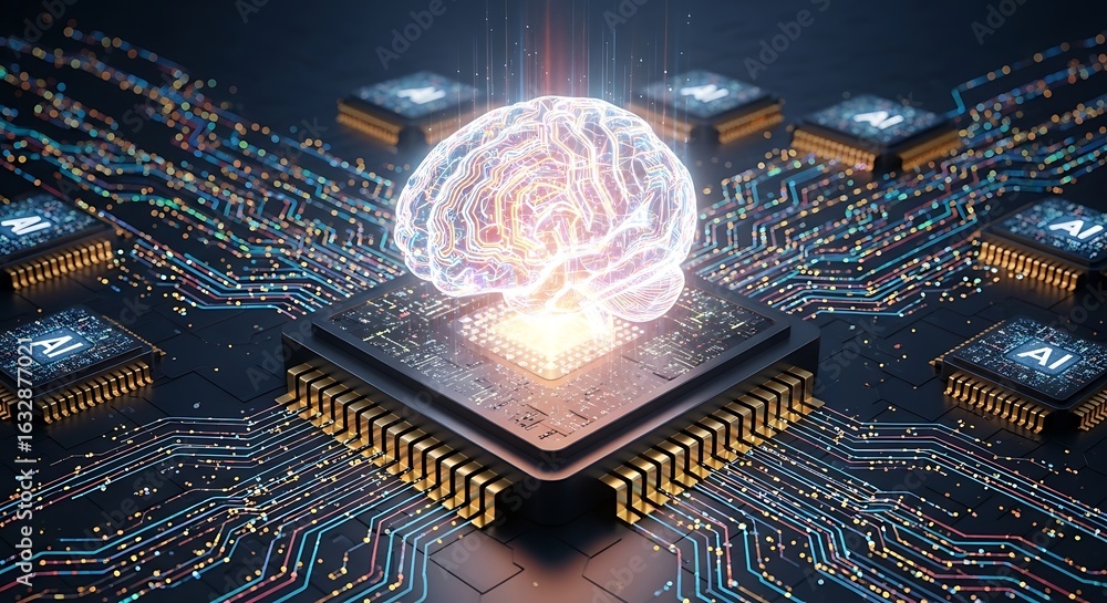 Aufkleber luminous brain structure with intricate neural pathways radiating from a central cpu chip, surrounde