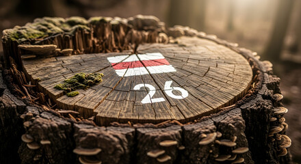 Trail Marker Number Twenty Six On Weathered Tree Stump In Woodland Area