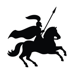 Black silhouette illustration of a warrior riding horse with spear vector art design element
