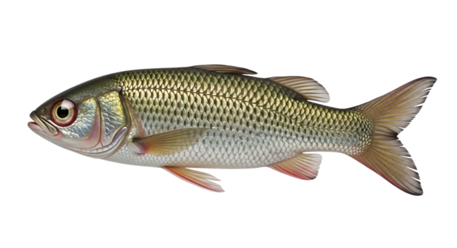 Isolated on transparent background, a freshwater fish with iridescent scales, showcasing its golden hue and streamlined body, a wild aquatic creature found in rivers and lakes