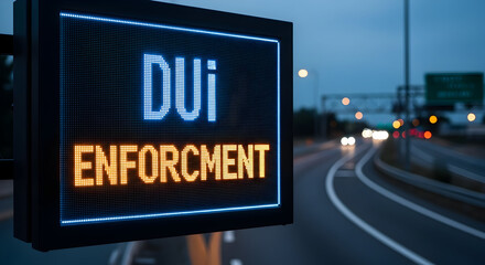 Warning Sign Indicates Stricter Enforcement Against Drunk Driving At Night Near Highway