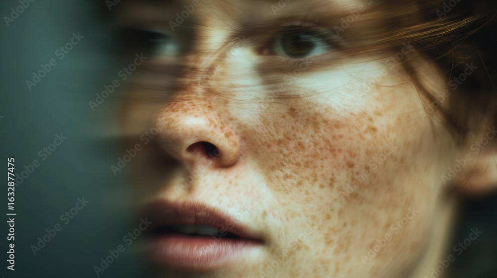 Poster freckled face in motion blur captures a moment of transient beauty with soft color tones and minimal