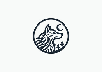 Naklejka premium Wolf and moon logo representing mystery, loyalty, and nighttime strength.