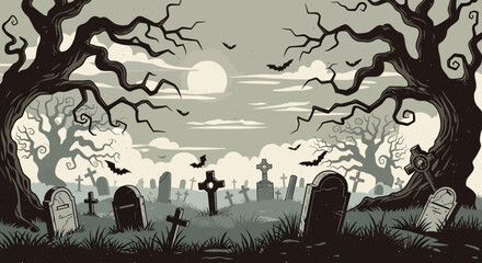 Eerie cemetery landscape at night. A spooky graveyard concept illustration with gnarled trees, bats, and a full moon for Halloween.