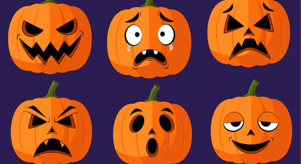 Collection of jack-o-lantern faces for Halloween. Features scary, sad, angry, and surprised pumpkin expressions in a cartoon style.