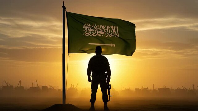 Soldier silhouette with Saudi Arabia flag waving at sunset