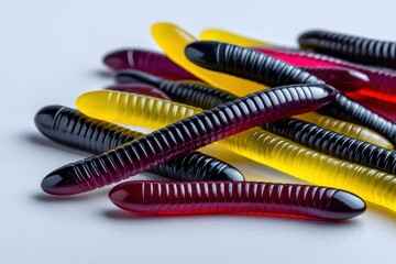 Colorful gummy worms scattered artistically against a bright backdrop create a playful and enticing candy arrangement full of joy