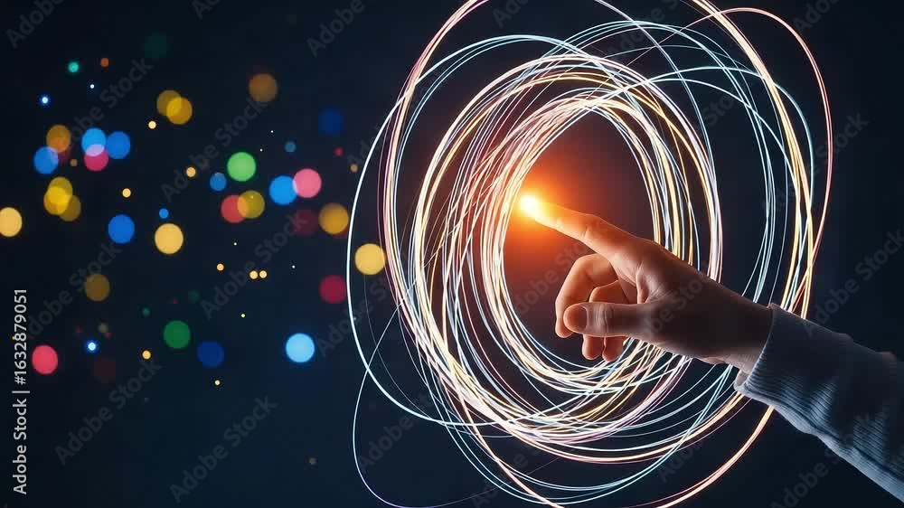 Poster a human finger touches a glowing orb activating a swirling vortex of light and data streams against 