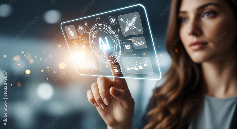 Poster young woman interacting with a luminous ai holographic interface displaying data and icons in a mode