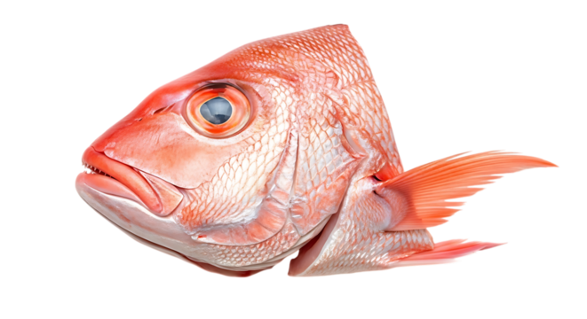 Isolated red snapper fish head on transparent background, closeup view of marine animal with intricate details, showing freshness and quality, ready for culinary preparation