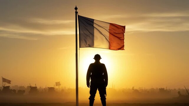 Soldier silhouette with France flag waving on a golden sunset