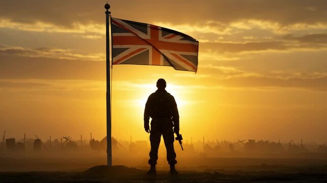 Soldier silhouette with UK flag waving on a sunny evening