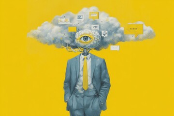 The image features a figure in a suit with a cloud for a head, symbolizing innovative thinking and digital communication.