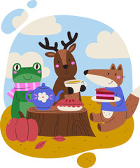 Animals Enjoying Autumn Picnic