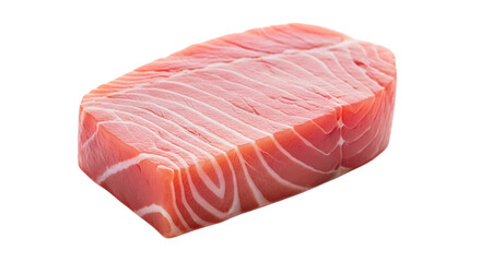 A closeup of a fresh raw tuna steak isolated on transparent background, displaying its vibrant red color, firm texture, and intricate marbling, ideal for sushi or grilling