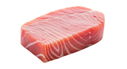 A closeup of a fresh raw tuna steak isolated on transparent background, displaying its vibrant red color, firm texture, and intricate marbling, ideal for sushi or grilling