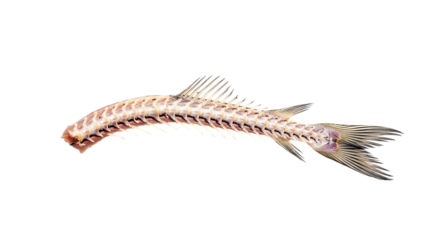 A fish skeleton isolated on transparent background, revealing the intricate bone structure and spinal column, showcasing the fascinating anatomy of marine life
