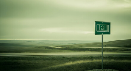 Tranquil Prairie Vista With Unique Roadside Sign Amidst Gentle Rolling Hills