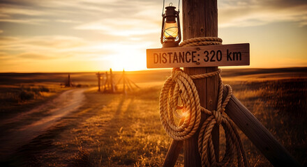 Vintage Distance Marker Points to an Evening Horizon During Scenic Sunset