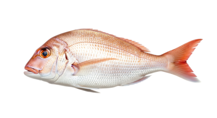 Isolated red snapper fish on transparent background, highlighting its vibrant color, scales, and fins, a popular seafood choice known for its delicate flavor and nutritional value