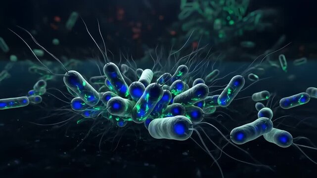 A detailed 3D rendering of a bacterial colony showing microorganisms with glowing blue organelles and flagella in a microscopic environment.