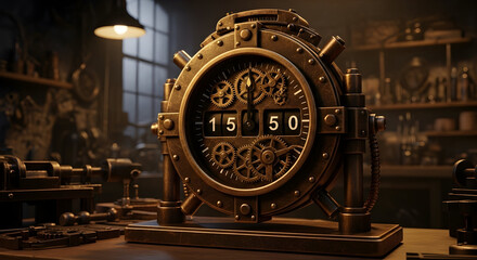Vintage Mechanical Clock With Gears Steampunk Style On Table Inside Workshop