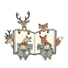 Two children engrossed in reading surrounded by deer and foxes peeking from a giant storybook.