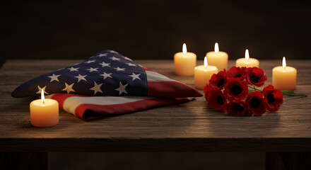 A folded American flag with glowing candles and symbolic red poppies on a rustic wooden table, evoking a solemn sense of remembrance, patriotism, and tribute for veterans and national heroes on