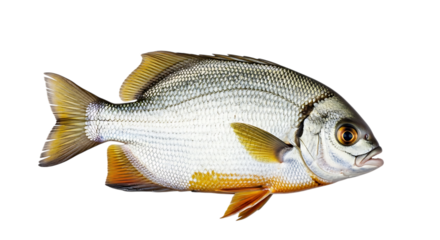 Silver fish with gold fins isolated on transparent background, a marine creature with scales and fins, swimming in the ocean, a fresh and striped seafood for diet and food