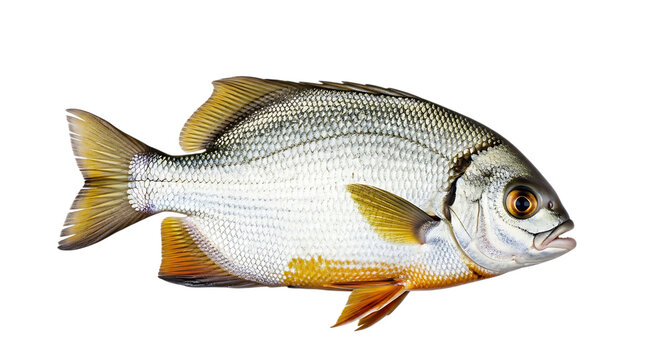 Silver fish with gold fins isolated on transparent background, a marine creature with scales and fins, swimming in the ocean, a fresh and striped seafood for diet and food
