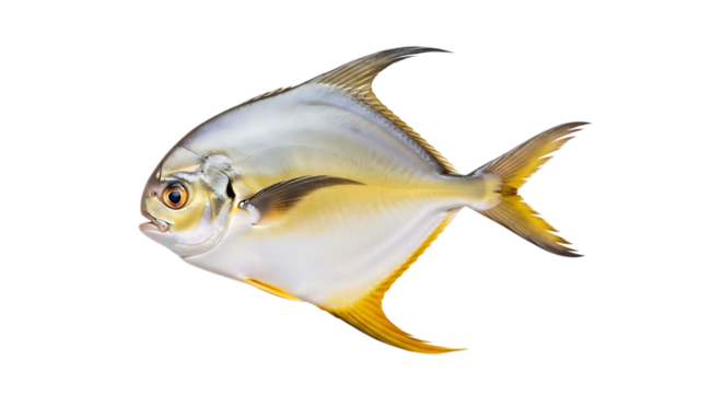 A pompano fish with silver and yellow scales isolated on transparent background, showcasing its unique shape and vibrant colors, a popular choice for seafood dishes