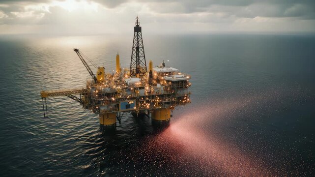 Oil platform in the ocean drilling for petroleum with a fiery flare at dusk