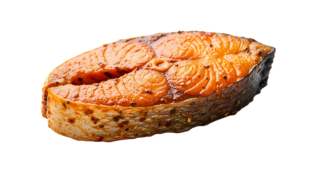 A perfectly grilled salmon steak isolated on transparent background, showcasing its rich color and texture, a healthy and delicious option for a gourmet meal