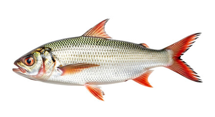 A freshwater fish with silver scales and red fins isolated on transparent background, showcasing its unique coloration and features in a detailed and captivating manner