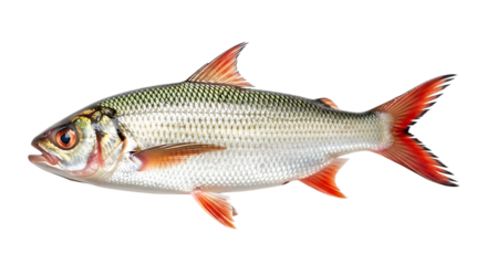 A freshwater fish with silver scales and red fins isolated on transparent background, showcasing its unique coloration and features in a detailed and captivating manner
