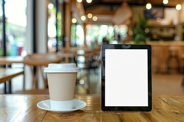 High Quality Visual of Tablet Pc with Blank Screen and Coffee Cup on Wooden Table in Cafe