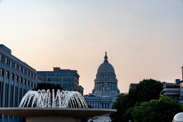 Wisconsin Capitol Dome behind the fountain at Monona Terrace in Madison