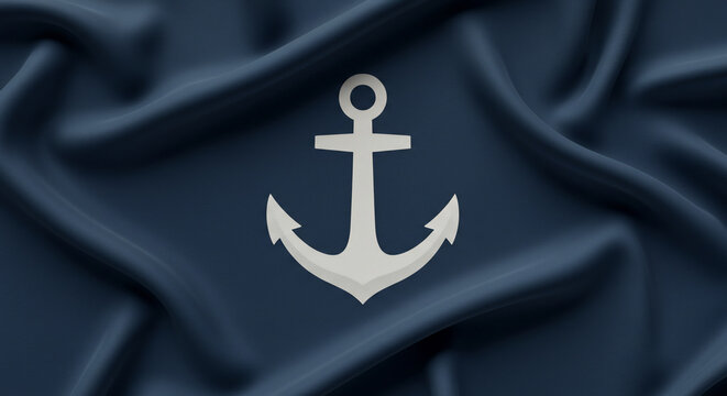 A prominent white anchor symbol rests on a rich, dark blue wavy fabric background. Ideal for nautical themes, maritime concepts, travel, stability, hope, or classic design elements