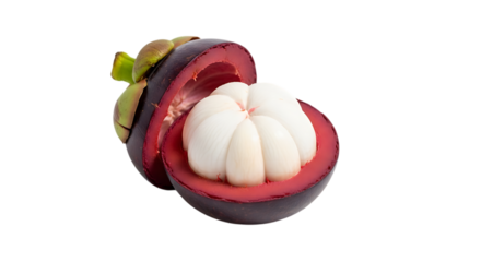 A half mangosteen fruit isolated on transparent background displaying its white arils, purple rind, and green stem, a nutritious and exotic tropical fruit