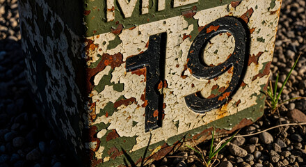 Weathered Mile Marker Depicting Number Nineteen Along Rural Roadside